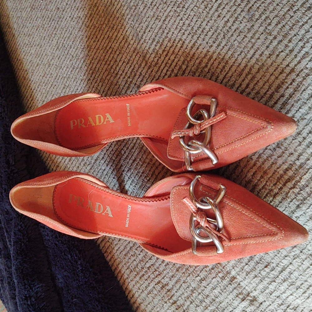 Prada Orange Suede Flats with Silver Buckle - Picture 2 of 6